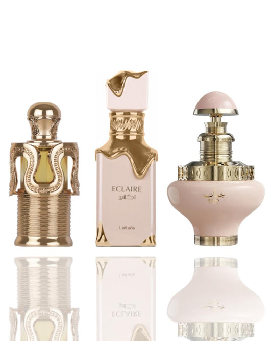 Lattafa Eclaire, Maitha, Juman Precious Women's Fragrance 3-Piece Bundle - 3 Bottles with Fresh Airy Scent, Layered Wear Design, Soft Luxe Feel, Vanilla Base