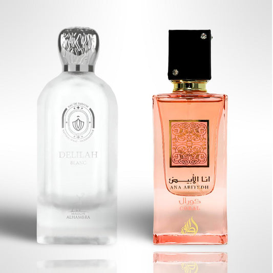 (Mama Baddie Kit) Maison Alhambra Delilah Blanc 100ml perfume + Ana Abiyedh Coral 100ml perfume by Lattafa