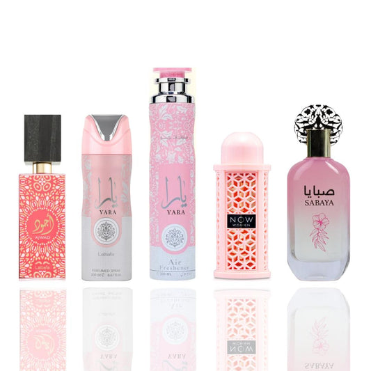 Ajwad pink + Yara deodorant + Yara air freshener + now woman + Sabaya — 5 piece bundle