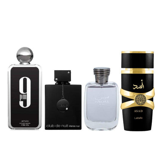 Afnan 9PM + HAWAS + CLUB DE NUIT BLACK + Asad by Lattafa Perfumes 3.4oz (100ML) - Fragrance Gift Bundle