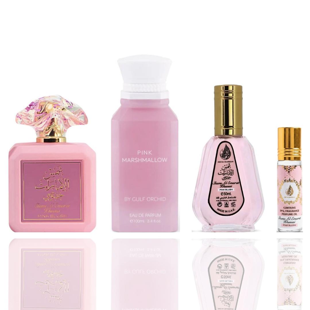 Shams Al Emarat Pink Blush + Shams Al Emarat Pink Blush Roll-On +Shams Al Emarat Pink Blush 50ml + Pink Marshmallow -- 4 piece bundle