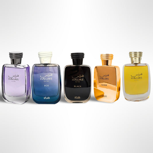 Rasasi Hawas + Hawas Black + Hawas Ice + Hawas Gold + Hawas Elixir – 5-Piece Eau de Parfum Bundle – For Men – 100ml (3.4 fl oz) Each