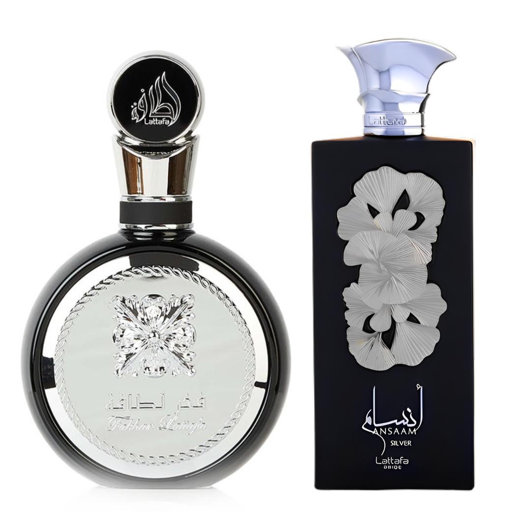 Ansaam Silver + Fakhar lattafa Silver (2pc bundel by lattafa)_(3.4oz each)