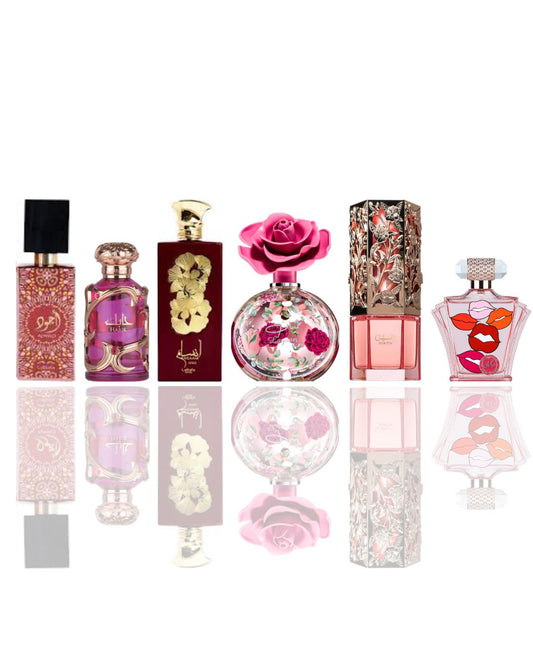 Ajwad pink + habik women + ansaam gold + layaan + raneen + zakaat z19 -- 6 piece bundle