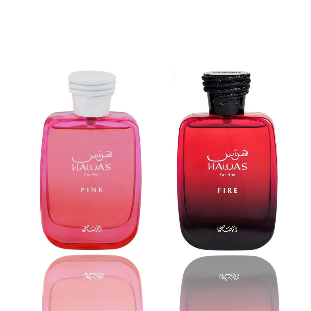 Rasasi Hawas Fire & Hawas Pink Floral Fragrances, Masculine/Feminine Dynamic Duo, 2-Piece Couple Bundle Set with 2 Bottles
