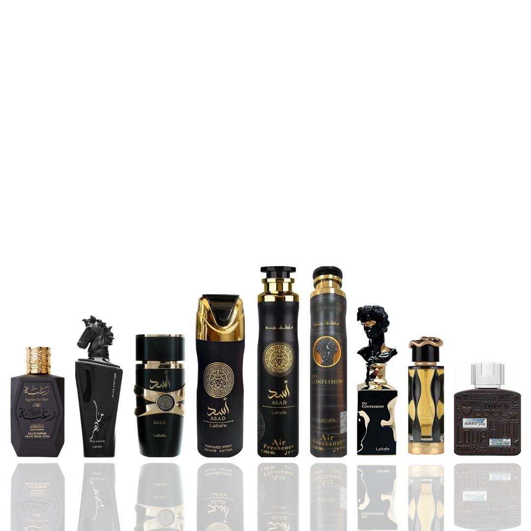 RAGHBA FOR MEN + MAAHIR BLACK EDITION + ASAD + ASAD DEODORANT + ASAD AIR FRESHENER + HIS CONFESSION AIR FRESHENER + HIS CONFESSION + TERIAQ BLACK + RAMZ LATTAFA SILVER -- 9 PIECE BUNDLE