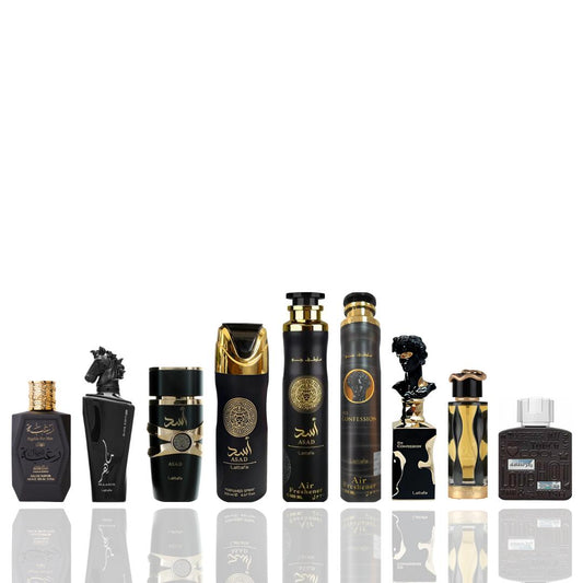 RAGHBA FOR MEN + MAAHIR BLACK EDITION + ASAD + ASAD DEODORANT + ASAD AIR FRESHENER + HIS CONFESSION AIR FRESHENER + HIS CONFESSION + TERIAQ BLACK + RAMZ LATTAFA SILVER -- 9 PIECE BUNDLE