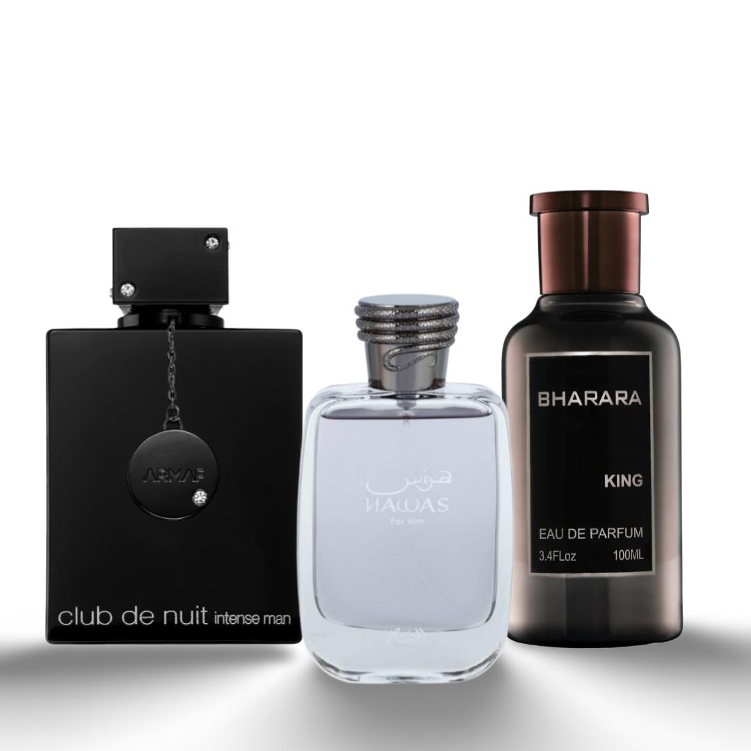 Bhrarah king + Rasasi Hawas + club de nuit Black By Afnan - Fragrance Gift Bundle