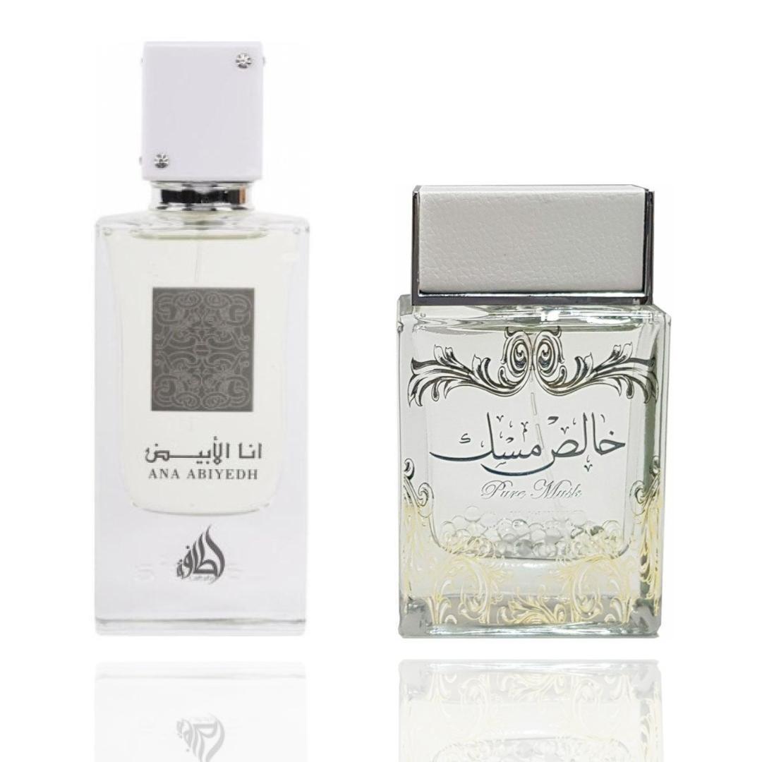 Lattafa Unisex 2-Piece EDP Perfume Spray Bundle - Pure White Musk + ANA ABIYEDAH, Modern Musk Aromatic Non-Toxic Unisex Fragrance with Saffron, Bergamot, Cardamom Notes