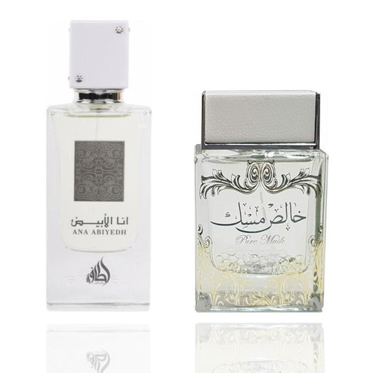 Lattafa Unisex 2-Piece EDP Perfume Spray Bundle - Pure White Musk + ANA ABIYEDAH, Modern Musk Aromatic Non-Toxic Unisex Fragrance with Saffron, Bergamot, Cardamom Notes