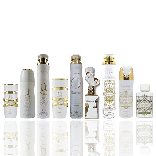 Yara moi 20ml + Yara moi deodorant + Yara moi air freshener + Yara moi + her confession air freshener + her confession + Badee al our honor and glory air freshener + Badee al our honor and glory deodorant + Badee al our honor and glory — 9 piece bundle