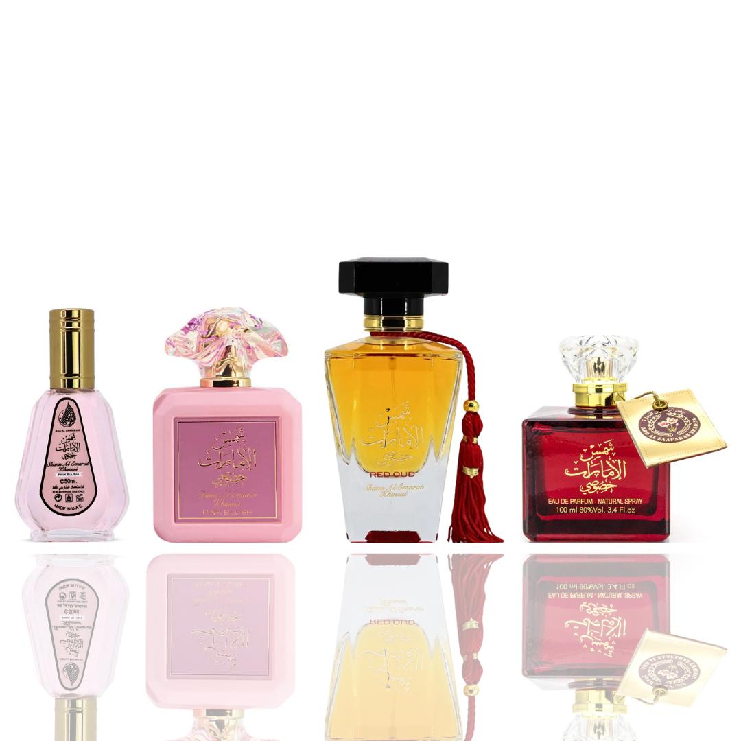 Shams Al Emarat Khususi + Shams Al Emarat pink blush + Shams Al Emarat red oud + Shams Al Emarat pink blush 50ml -- 4 piece bundle