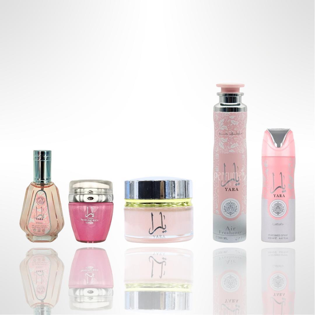 Yara 50ml Perfume + Yara Lotion + Mukhamaria + Yara Deodorant + Yara Air Freshener for Women by Lattafa – Complete Fragrance Gift Set