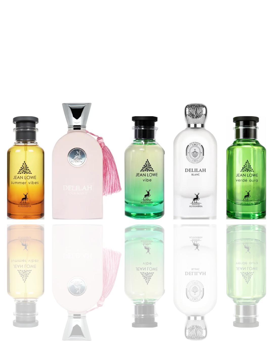 Lattafa 5-Piece Fragrance Variety Bundle Pack - Delilah Blanc, Delilah Pour Femme, Jean Lowe Assortment (Vibe, Summer Vibes, Verde Aura) - Daily Wear Fresh Scents for Men