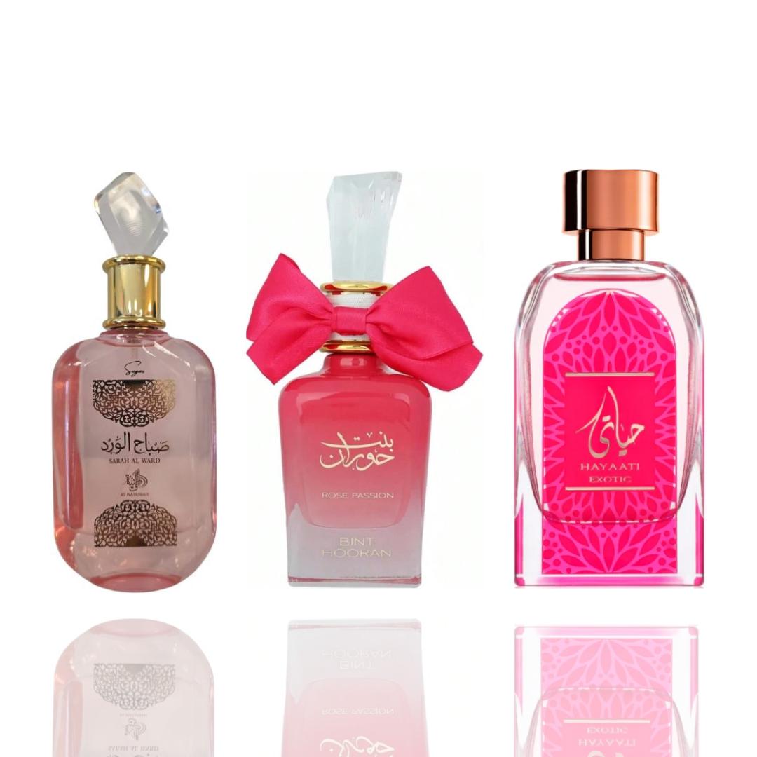 SAHAB AL WARD SUGAR +BINT HOORAN PINK +HAYAATI EXOTIC -- 3 PIECE PINK BUNDLE