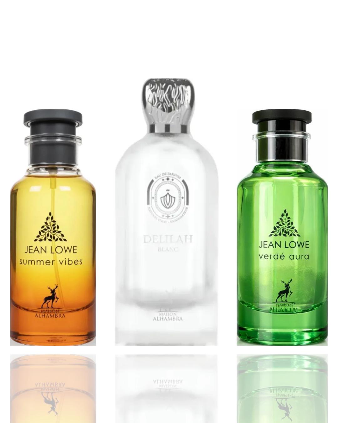 Lattafa Aromatic Floral Fruit-Based Mood Bundle Unisex Fragrance 3-Piece Fresh Trio - Delilah Blanc, Jean Lowe Summer Vibes, Jean Lowe Verde Aura, 3 Bottles, Daily Wear, Aromatic Unisex Fragrance