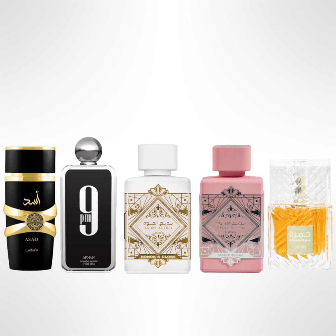BADEE AL OUD PINK + BADEE AL OUD WHITE + KHAMRAH + 9PM + ASAD By Lattafa Perfumes- Fragrance Gift Bundle