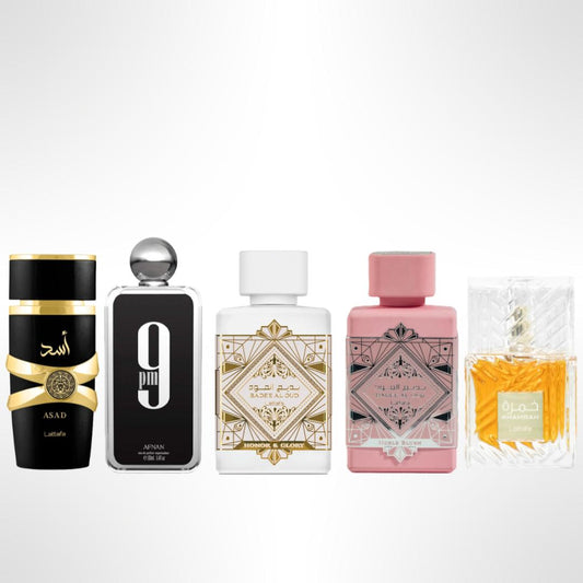 BADEE AL OUD PINK + BADEE AL OUD WHITE + KHAMRAH + 9PM + ASAD By Lattafa Perfumes- Fragrance Gift Bundle