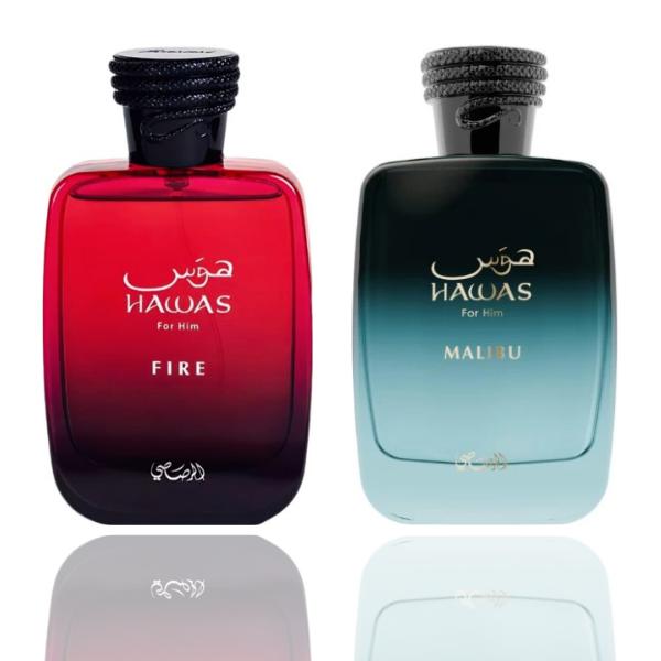 Rasasi Hawas Fire + Hawas Malibu 2-Piece EDP Bundle, Modern Duo for Daily Wear, Long-Lasting Men's Fragrance, Aromatic Woody Fragrance, Citrus Woods Fragrance