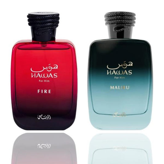 Rasasi Hawas Fire + Hawas Malibu 2-Piece EDP Bundle, Modern Duo for Daily Wear, Long-Lasting Men's Fragrance, Aromatic Woody Fragrance, Citrus Woods Fragrance