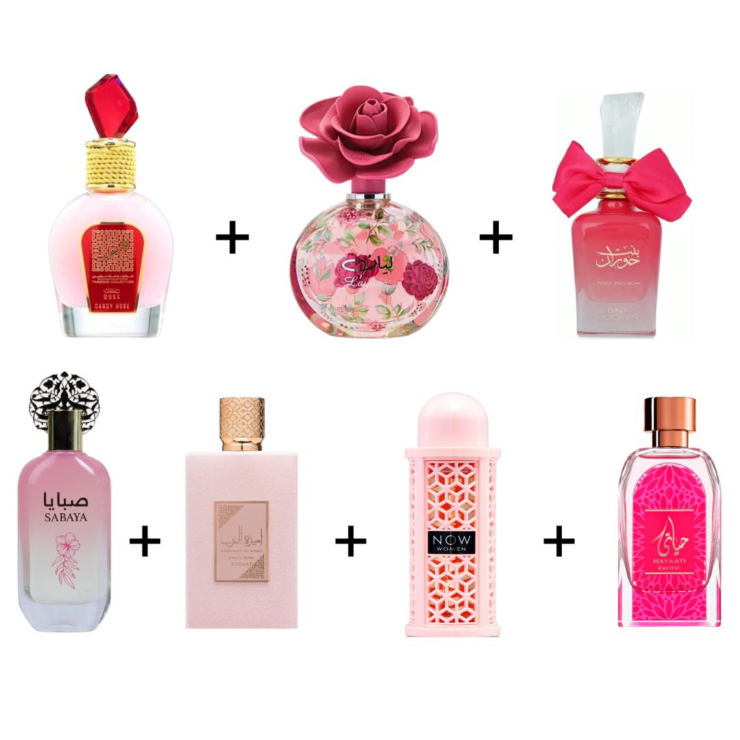 MUSK CANDY ROSE + LAYAAN + BINT HOORAN ROSE PASSION + SABAYA + AMEERAT AL ARAB PRIVE ROSE + NOW WOMEN + HAYAATI EXOTIC -- 7 PIECE BUNDLE