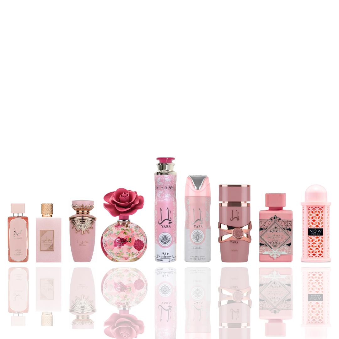 HAYAATI FLORENCE + AMEERAT AL ARAB PRIVE ROSE + HAYA + LAYAAN + YARA AIR FRESHENER + YARA DEODORANT + YARA ELIXIR + NOW RAVE + BADEE AL OUD NOBLE -- 9 PIECE BUNDLE