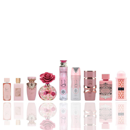 HAYAATI FLORENCE + AMEERAT AL ARAB PRIVE ROSE + HAYA + LAYAAN + YARA AIR FRESHENER + YARA DEODORANT + YARA ELIXIR + NOW RAVE + BADEE AL OUD NOBLE -- 9 PIECE BUNDLE