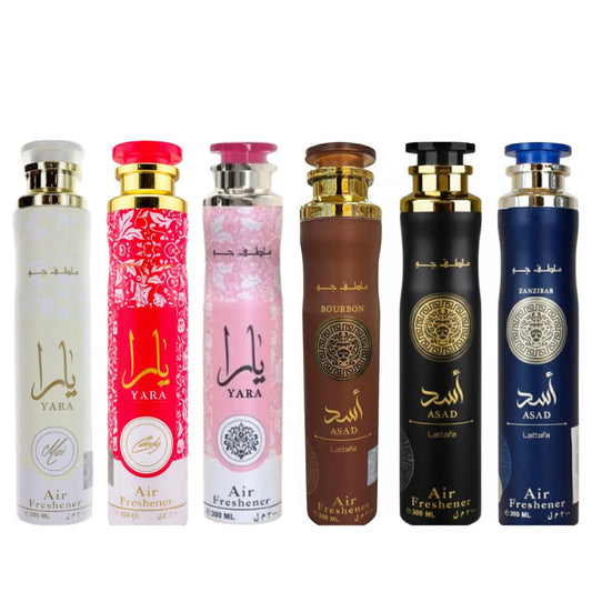 Yara Candy air freshener + Yara Air Freshener + YARA MOI Air Freshener +Asad Bourbon Air Freshener + Asad Air Freshener -- 6 piece bundle