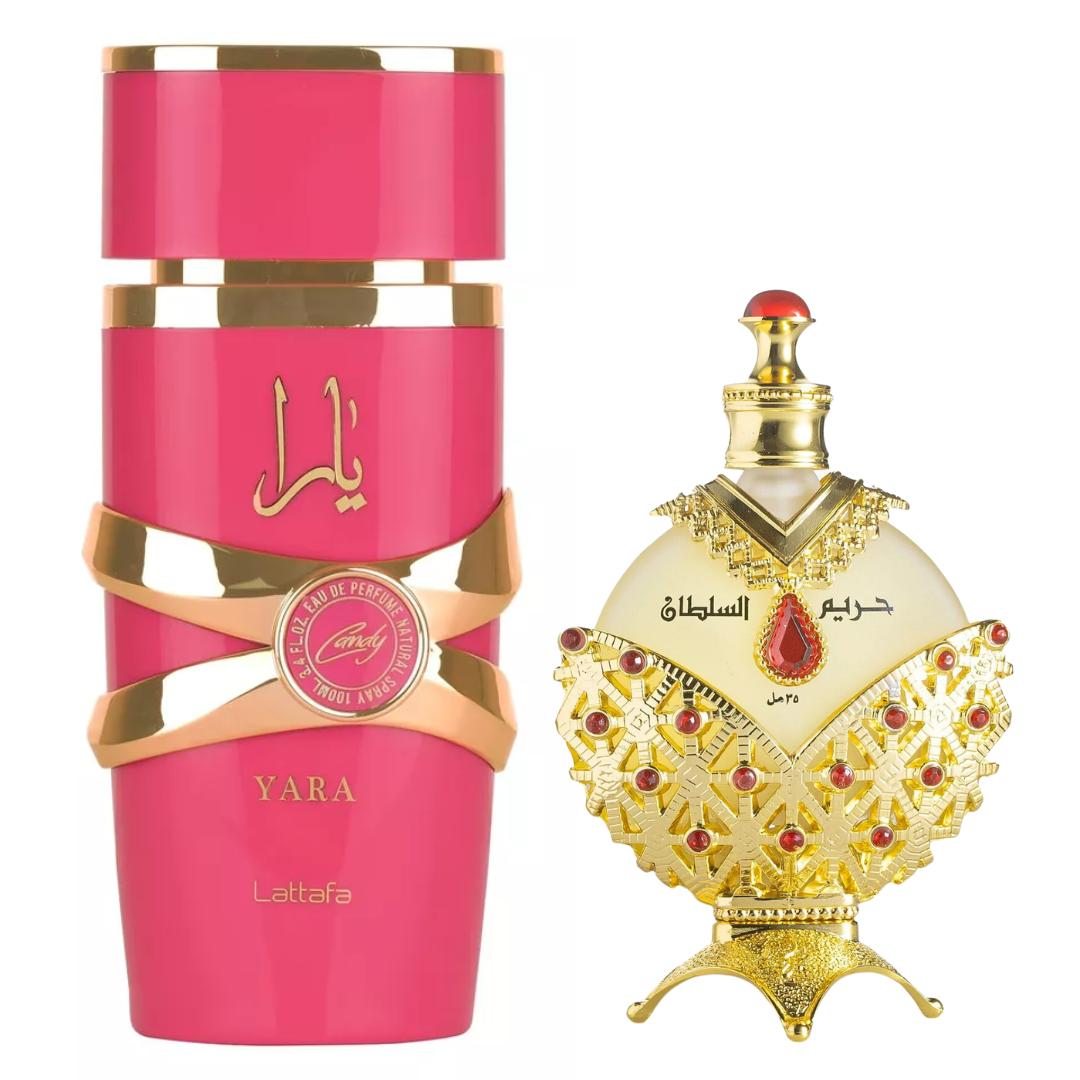 ORIGINAL HAREEM AL SULTAN GOLD OIL for (women) by KHADLAJ + Yara Candy Perfume (Women) - Fragrance Gift Bundle