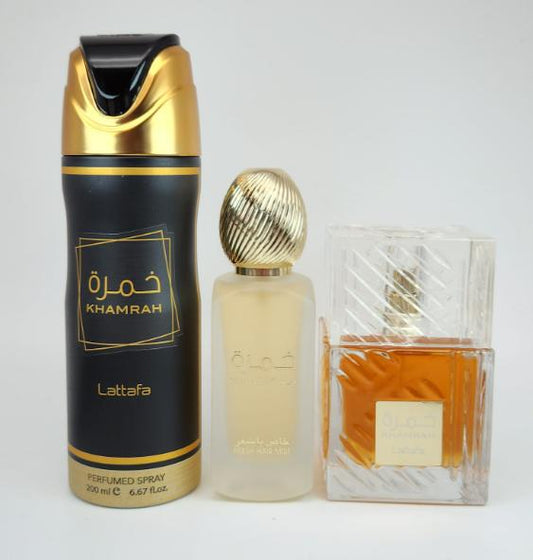 Lattafa Khamrah 3 PCS Gift Set with 100ml EDP, 200ml Deo & 50ml Hairmist