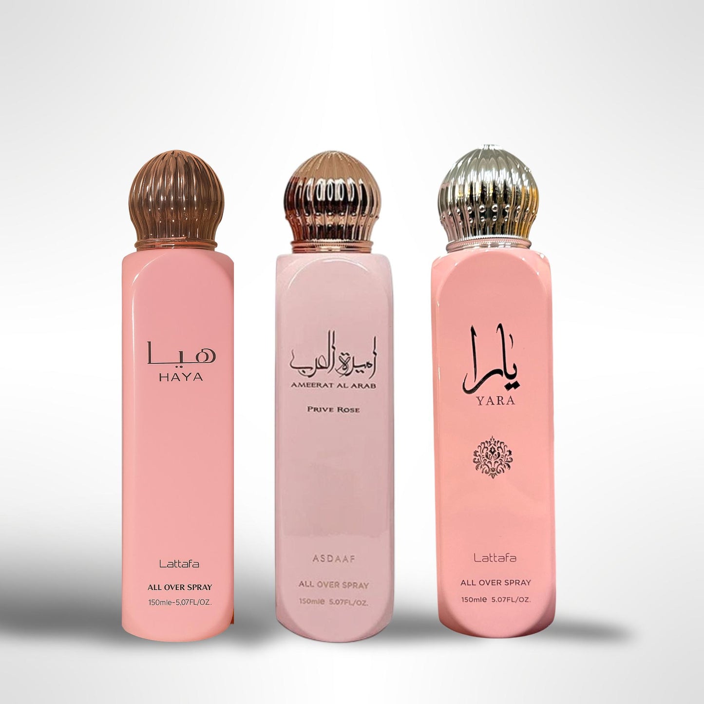 Lattafa Haya + Lattafa Yara +  Ameerat Al Arab Prive Rose All over Spray - 150ml - Fragrance Gift Bundle