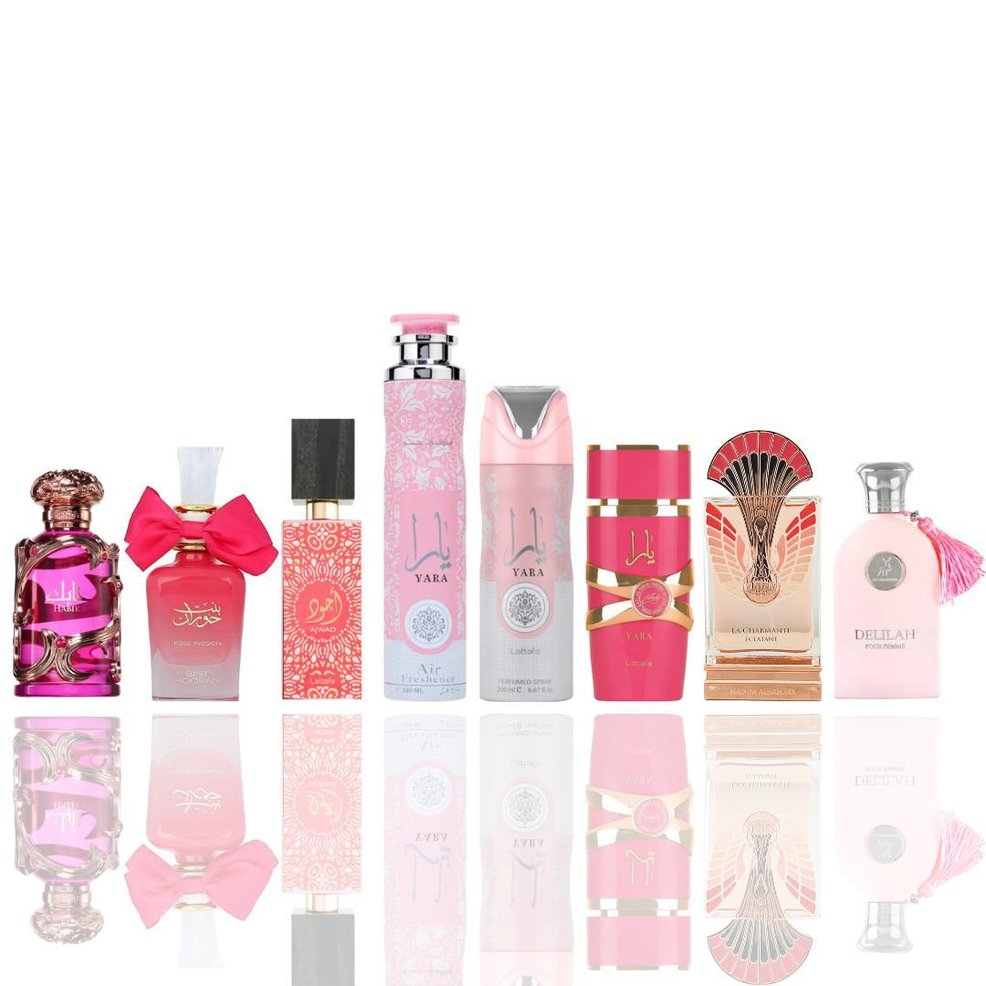 Habik woman + Bint hooran Rose Passion + Ajwad Pink to Pink + Yara air freshener + Yara deodorant + Yara Candy + La Charmante Éclatant + Delilah pour femme ---- 8-piece bundle