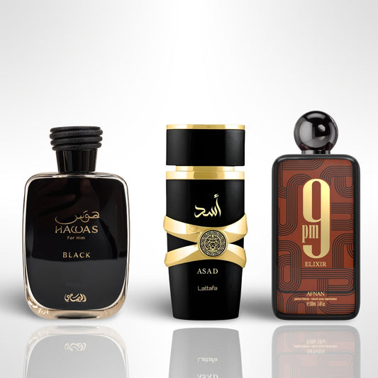 Afnan 9PM Elixir + HAWAS BLACK+ Asad by Lattafa Perfumes 3.4oz (100ML) - Fragrance Gift Bundle