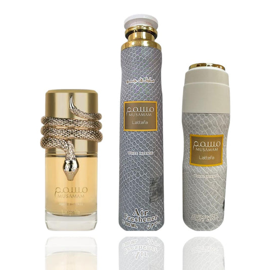 MUSAMAM INTENSE WHITE + MUSAMAM INTENSE WHITE DEODORANT + MUSAMAM INTENSE WHITE AIR FRESHENER -- 3 PIECE BUNDLE