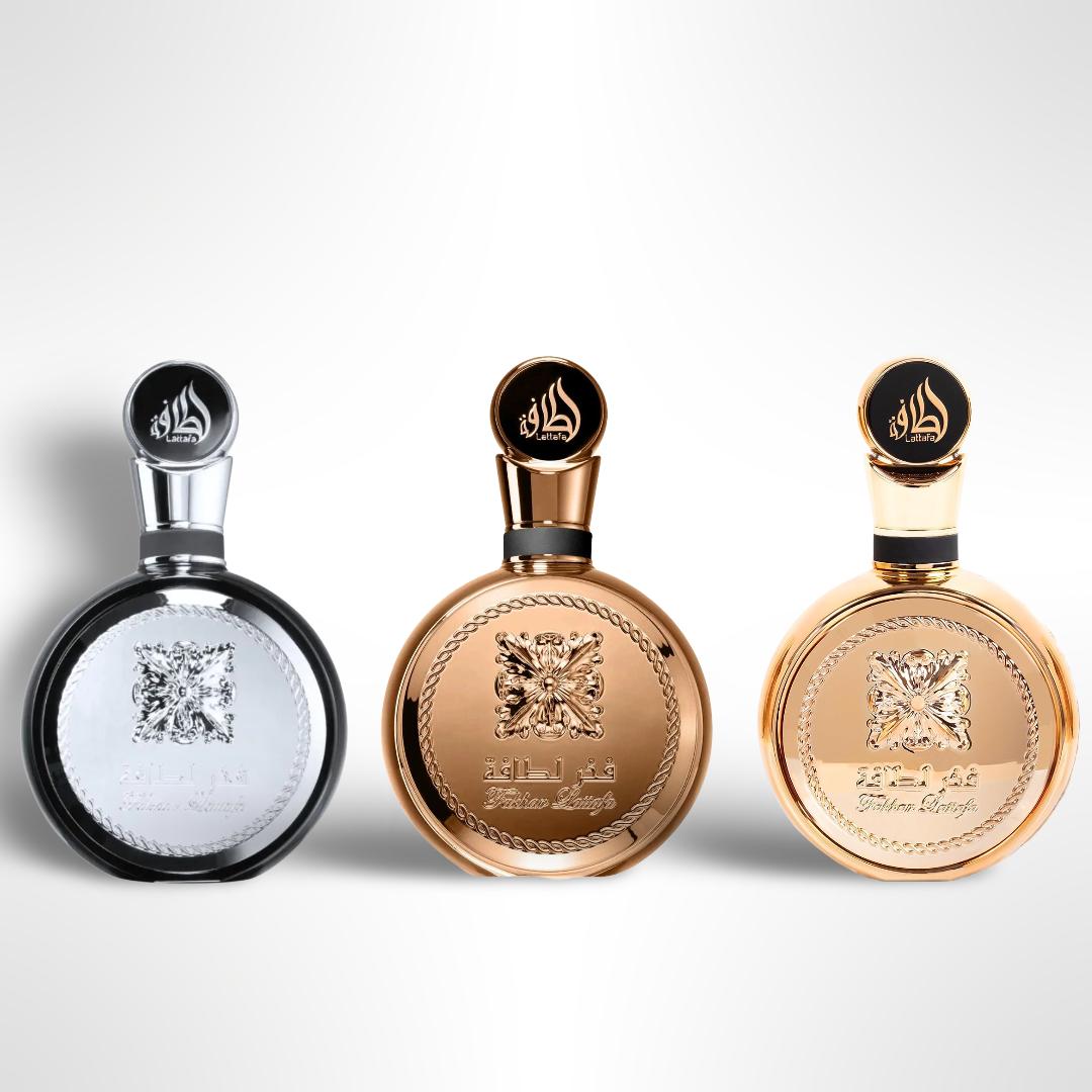 Fakhar Lattafa Silver + Rose Gold + Extrait – Eau de Parfum Bundle – 100ml (3.4 fl oz) Each – For Men & Women
