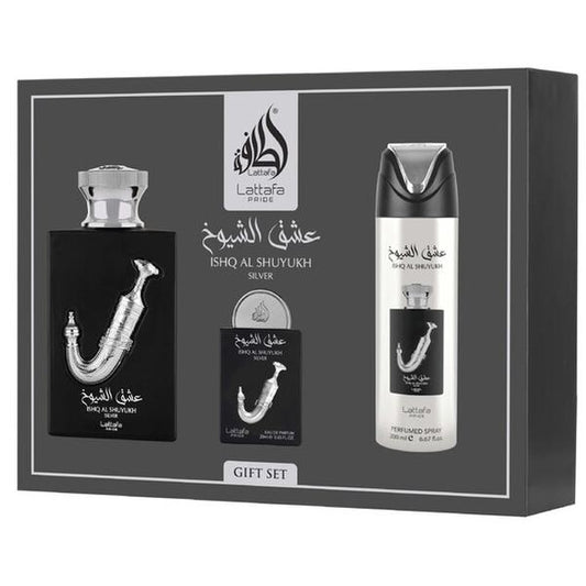 Ishq Al Shuyukh Silver 3-Piece Perfume Gift Set by Lattafa Pride (Gift Set) Arabian Fragrance Arabian Scent