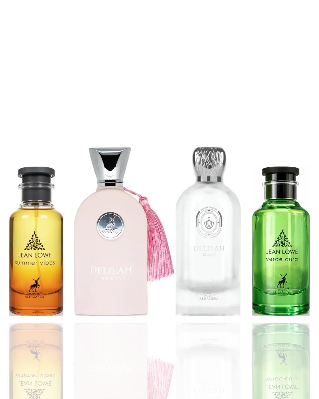 Lattafa Unisex 4-Piece Fragrance Bundle Pack - Delilah Blanc, Delilah Pour Femme, Jean Lowe Verde Aura, Jean Lowe Summer Vibes, Fragrancetok, Fresh Scents, Daily Use Bottles, Versatile Everyday Wear