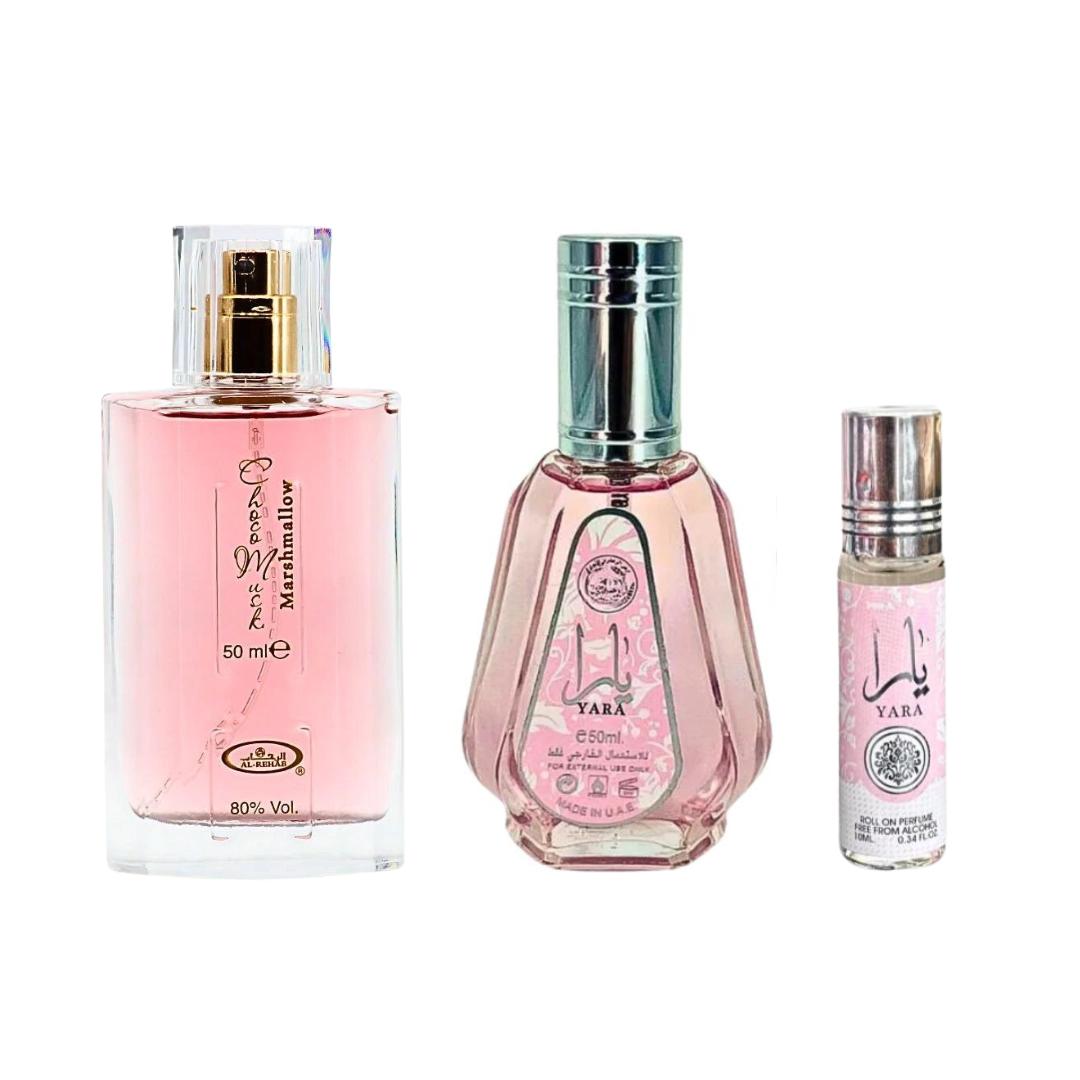 Yara Perfume 50ml & Choco Musk Marshmallow 100ml Bundle with Women's Roll On Oil - 3 Piece Set