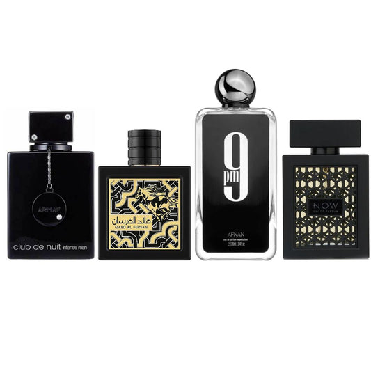 Afnan 9PM +RAVE NOW BLACK (MEN)+ CLUB DE NUIT INTENSE (men) + QAED AL FURSAN - Fragrance Gift Bundle