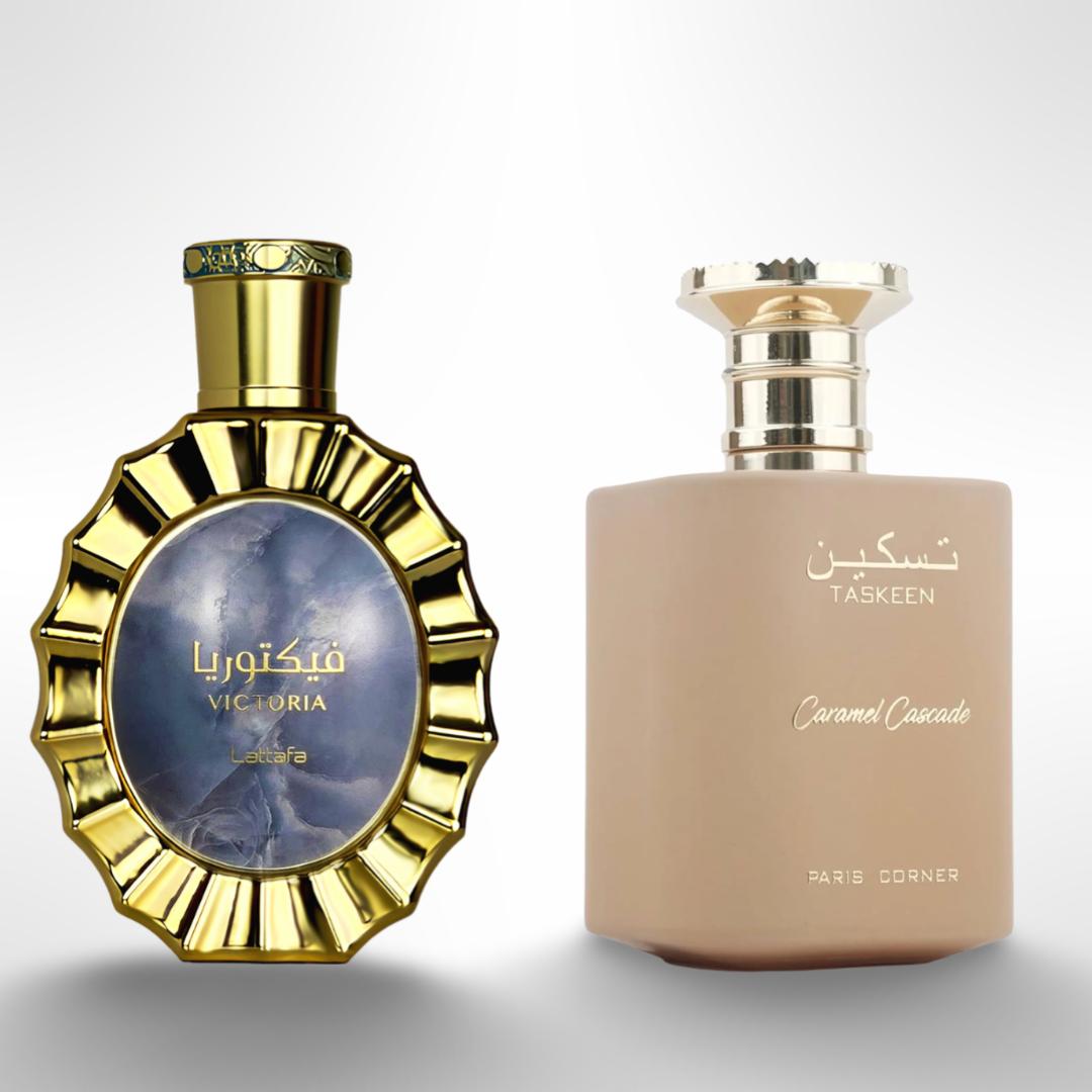 Lattafa Victoria + Taskeen Caramel Cascade - Fragrance Gift Bundle