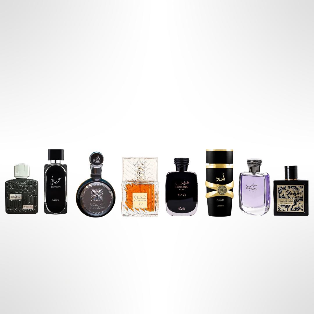 QAED AL FURSAN + Fakhar Lattafa + Khamrah lattafa + HAWAS BLACK + Hawas +  HAYAATI + Asad + RAMZ LATTAFA SILVER - Fragrance Gift Bundle