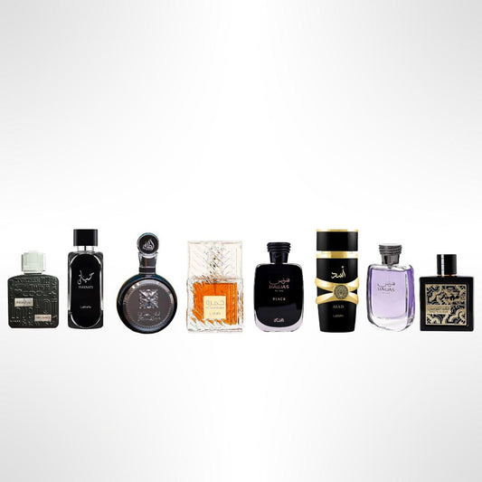 QAED AL FURSAN + Fakhar Lattafa + Khamrah lattafa + HAWAS BLACK + Hawas +  HAYAATI + Asad + RAMZ LATTAFA SILVER - Fragrance Gift Bundle