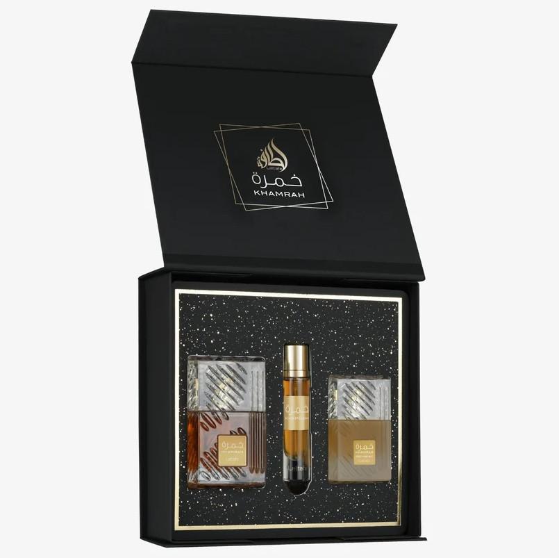 Lattafa Khamrah 3pcs Gift Set - Eau De Parfum 100ml, Travel Spray 12ml, Fresh Hair Mist 50ml - Cinnamon, Nutmeg, Bergamot, Dates, Praline, Vanilla, Tonka Bean, Amberwood