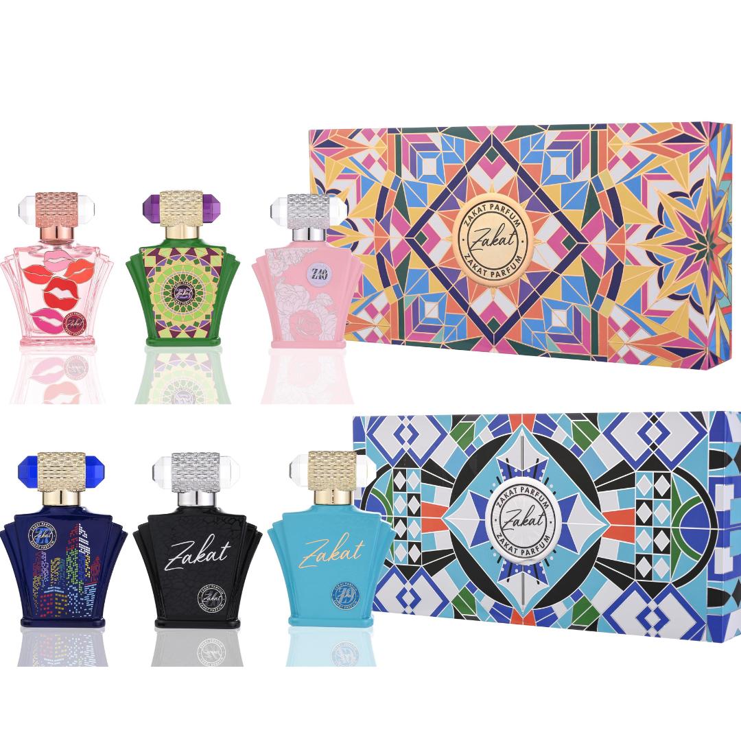 BLUE ZAKAT 3 PIECE GIFT SET (Z6, Z7, Z9) 30ML PERFUME FOR MEN + PINK zakat 3-piece gift set (Z19, Z25, Z40) for women -- 2 PIECE GIFT SETS