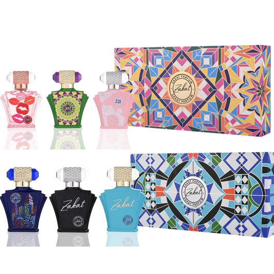 BLUE ZAKAT 3 PIECE GIFT SET (Z6, Z7, Z9) 30ML PERFUME FOR MEN + PINK zakat 3-piece gift set (Z19, Z25, Z40) for women -- 2 PIECE GIFT SETS