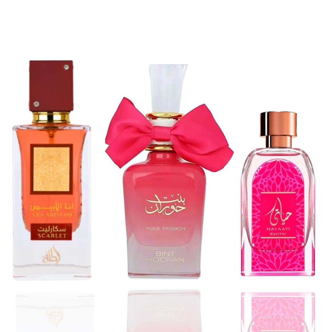 Ana abiyedh scarlet + bint hooran Ross passion + hayaati exotic — 3 piece bundle