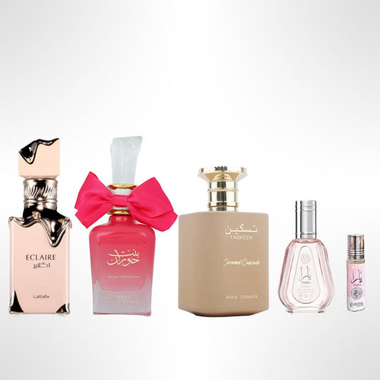 YARA 50ML + YARA ROLLON + BINT HOORAN ROSE PASSION + TASKEEN CARAMEL + ECLAIR - Fragrance Gift Bundle