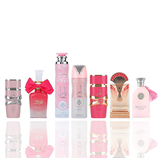YARA 20ML + bint hooran ross passion + yara air freshener + yara deodorant + yara candy + La Charmante Eclatant + delilah pour femme -- 7 piece bundle