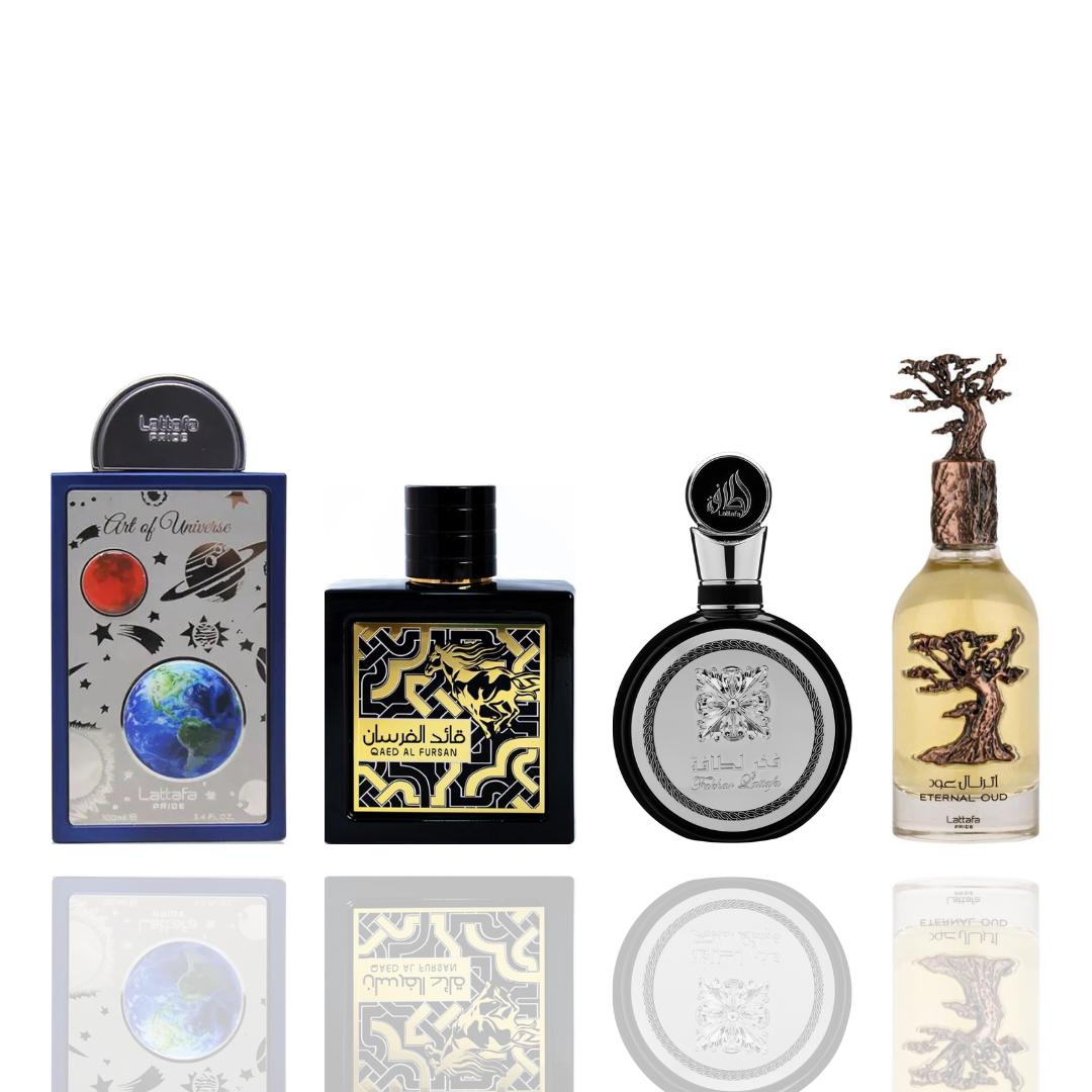 Art of Universe + Fakhar Lattafa man + ETERNAL OUD + QAED AL FURSAN -- 4 piece bundle