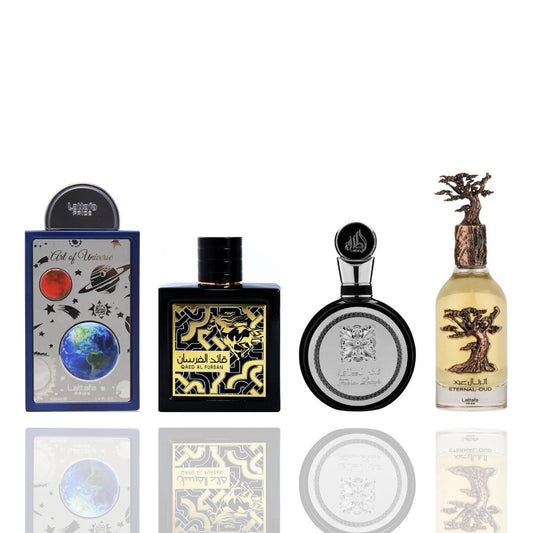 Art of Universe + Fakhar Lattafa man + ETERNAL OUD + QAED AL FURSAN -- 4 piece bundle